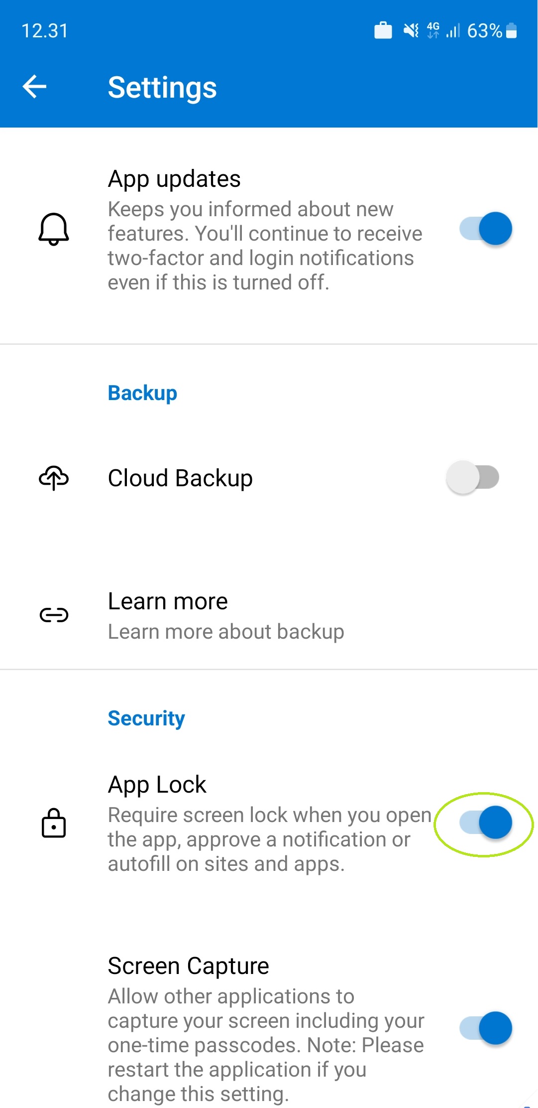 Authenticator settings. Select "App lock".