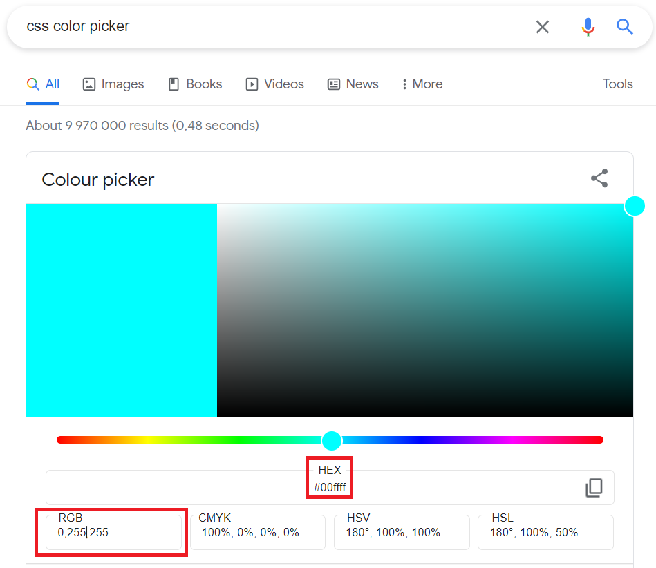 Kuva Googlen Colour picker-työkalusta. HEX ja RGB on korostettu kuvasta punaisilla neliöillä.