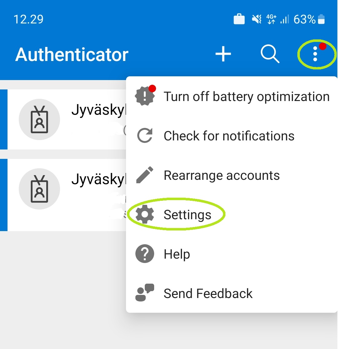 The home page of the Authenticator application. After selecting the three dots in the top right corner, click on Settings.