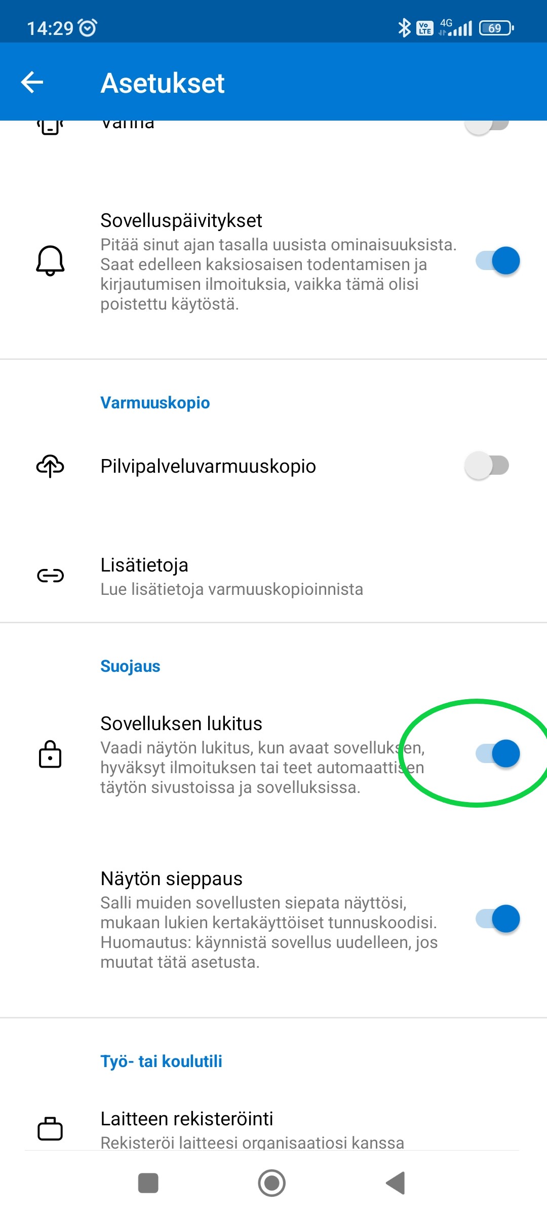 Authenticator ruudun lukituksen poisto